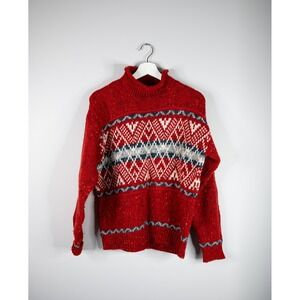 Vintage French Navy Petite Red Ski Sweater Women's L/XL wool blend fair isle